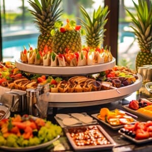 Tropical breakfast served with glimmer of a pristine pool in the background